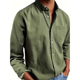 Camisa Casual Masculina de Manga Longa Sem Rugas, Leve e Estilosa com Bolsos em Cor Sólida