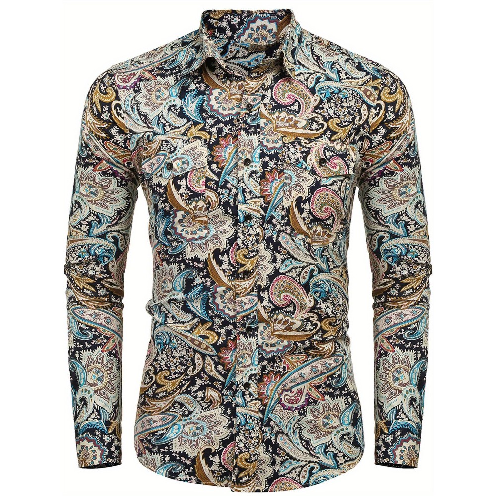 Camisa Masculina Slim Fit com Estampa Paisley de Manga Longa e Botões com Bolso no Peito - Azul Vibrante & Design Floral Preto, Camisa Casual para Ocasiões Formais ou Semi-Formais, Elegância Diária | Camisa com Estampa Paisley | Tecido de Poliéster