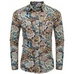 Camisa Masculina Slim Fit com Estampa Paisley de Manga Longa e Botões com Bolso no Peito - Azul Vibrante & Design Floral Preto, Camisa Casual para Ocasiões Formais ou Semi-Formais, Elegância Diária | Camisa com Estampa Paisley | Tecido de Poliéster