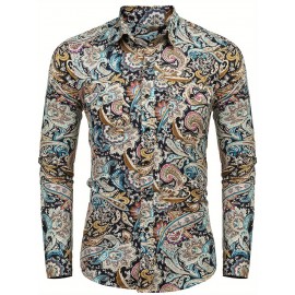 Camisa Masculina Slim Fit com Estampa Paisley de Manga Longa e Botões com Bolso no Peito - Azul Vibrante & Design Floral Preto, Camisa Casual para Ocasiões Formais ou Semi-Formais, Elegância Diária | Camisa com Estampa Paisley | Tecido de Poliéster