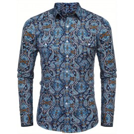 Camisa Masculina Slim Fit com Estampa Paisley de Manga Longa e Botões com Bolso no Peito - Azul Vibrante & Design Floral Preto, Camisa Casual para Ocasiões Formais ou Semi-Formais, Elegância Diária | Camisa com Estampa Paisley | Tecido de Poliéster