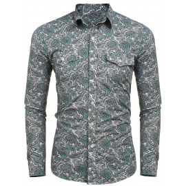 Camisa Masculina Slim Fit com Estampa Paisley de Manga Longa e Botões com Bolso no Peito - Azul Vibrante & Design Floral Preto, Camisa Casual para Ocasiões Formais ou Semi-Formais, Elegância Diária | Camisa com Estampa Paisley | Tecido de Poliéster