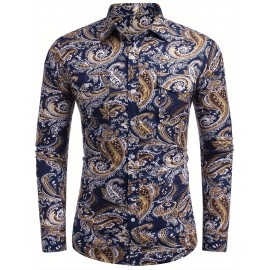 Camisa Masculina Slim Fit com Estampa Paisley de Manga Longa e Botões com Bolso no Peito - Azul Vibrante & Design Floral Preto, Camisa Casual para Ocasiões Formais ou Semi-Formais, Elegância Diária | Camisa com Estampa Paisley | Tecido de Poliéster