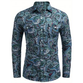 Camisa Masculina Slim Fit com Estampa Paisley de Manga Longa e Botões com Bolso no Peito - Azul Vibrante & Design Floral Preto, Camisa Casual para Ocasiões Formais ou Semi-Formais, Elegância Diária | Camisa com Estampa Paisley | Tecido de Poliéster