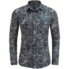 Camisa Masculina Slim Fit com Estampa Paisley de Manga Longa e Botões com Bolso no Peito - Azul Vibrante & Design Floral Preto, Camisa Casual para Ocasiões Formais ou Semi-Formais, Elegância Diária | Camisa com Estampa Paisley | Tecido de Poliéster