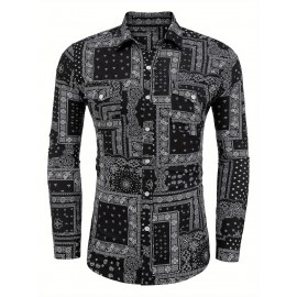 Camisa Masculina Slim Fit com Estampa Paisley de Manga Longa e Botões com Bolso no Peito - Azul Vibrante & Design Floral Preto, Camisa Casual para Ocasiões Formais ou Semi-Formais, Elegância Diária | Camisa com Estampa Paisley | Tecido de Poliéster