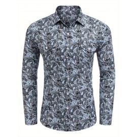 Camisa Masculina Slim Fit com Estampa Paisley de Manga Longa e Botões com Bolso no Peito - Azul Vibrante & Design Floral Preto, Camisa Casual para Ocasiões Formais ou Semi-Formais, Elegância Diária | Camisa com Estampa Paisley | Tecido de Poliéster
