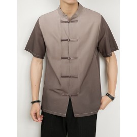 Camisa de manga curta de cor sólida com botão de placa de gola levantada fina e solta de estilo chinês para meninos e adolescentes no verão.
