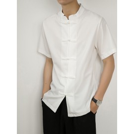 Camisa de manga curta de cor sólida com botão de placa de gola levantada fina e solta de estilo chinês para meninos e adolescentes no verão.