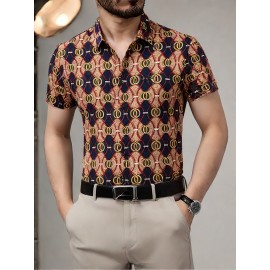 1-Pacote Camisa Casual Masculina SINBOS - Leve e Respirável, Manga Curta com Botões Frontais, Cores Azul Marinho/Bege/Azul/Dourado para Escritório e Eventos Formais - Corte Elegante, Estampa Listrada, Construção Durável, Bolsa Inclusa, Ideal para Profissi