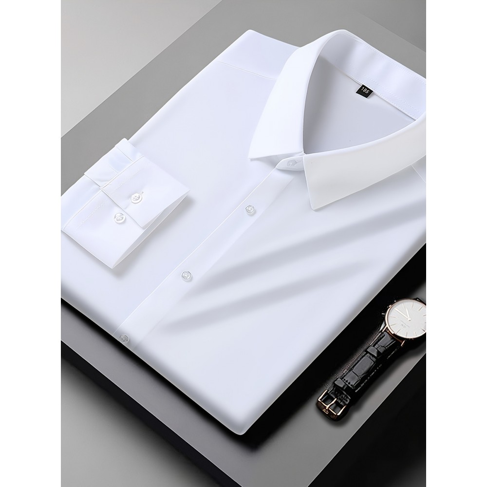 Camisa clássica masculina slim fit - Tecido elástico, manga comprida, botão, azul claro, lavável na máquina, eventos de negócios e sociais, roupas para eventos sociais | Camisa moderna | Camisa de tecido elástico