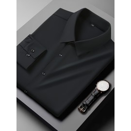 Camisa clássica masculina slim fit - Tecido elástico, manga comprida, botão, azul claro, lavável na máquina, eventos de negócios e sociais, roupas para eventos sociais | Camisa moderna | Camisa de tecido elástico