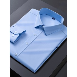 Camisa clássica masculina slim fit - Tecido elástico, manga comprida, botão, azul claro, lavável na máquina, eventos de negócios e sociais, roupas para eventos sociais | Camisa moderna | Camisa de tecido elástico