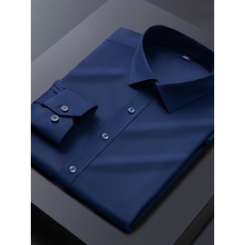 Camisa clássica masculina slim fit - Tecido elástico, manga comprida, botão, azul claro, lavável na máquina, eventos de negócios e sociais, roupas para eventos sociais | Camisa moderna | Camisa de tecido elástico