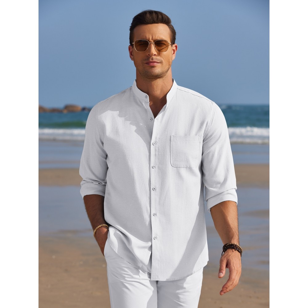 Camisa Oxford de manga comprida para homem, com botões e gola de banda, ideal para o verão na praia.