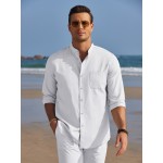 Camisa Oxford de manga comprida para homem, com botões e gola de banda, ideal para o verão na praia.