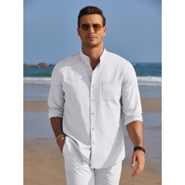 Camisa Oxford de manga comprida para homem, com botões e gola de banda, ideal para o verão na praia.