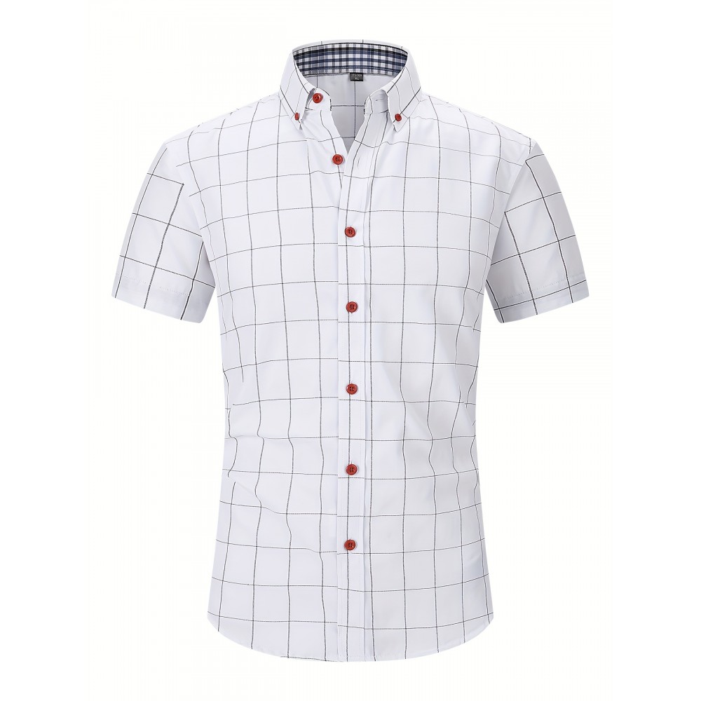 Camisa Masculina de Verão Xadrez Manga Curta - Resistente a Rugas, Sem Passar, Gola Alta com Botões, Estampa Quadriculada em Cor Sólida, Slim Fit Casual para Escritório e Dia a Dia, Leve e Respirável, Vestuário Profissional Moderno, Construção Durável, Ca