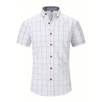 Camisa Masculina de Verão Xadrez Manga Curta - Resistente a Rugas, Sem Passar, Gola Alta com Botões, Estampa Quadriculada em Cor Sólida, Slim Fit Casual para Escritório e Dia a Dia, Leve e Respirável, Vestuário Profissional Moderno, Construção Durável, Ca