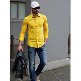 Camisa Social Masculina Elegante de Manga Longa - Gola Quadrada, Botões Simples com Barra Umbrella, Lavável em Máquina, Cor Sólida para Negócios Casual, Casamentos e Eventos ao Ar Livre, Confortável, Material Respirável, Estilo Clássico, Ideal para Ocasiõ