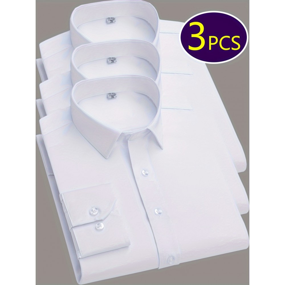 Conjunto de 3 Camisas Sociais Masculinas Slim Fit Manga Comprida - Azul-Petróleo, com Botões e Abotoadura Simples, para Todas as Estações, Vestuário Casual e de Negócios, Forro de Poliéster, Tamanhos Grandes Disponíveis, Camisas Versáteis | Camisa de Cor 