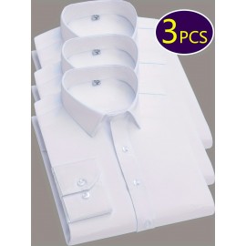 Conjunto de 3 Camisas Sociais Masculinas Slim Fit Manga Comprida - Azul-Petróleo, com Botões e Abotoadura Simples, para Todas as Estações, Vestuário Casual e de Negócios, Forro de Poliéster, Tamanhos Grandes Disponíveis, Camisas Versáteis | Camisa de Cor 