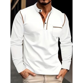 Camisetas Henley Masculinas de Verão - Camisas Clássicas de Manga Longa Leves com Botões, Decote em V e Design de Costura Contrastante no Gola para Looks Casuais