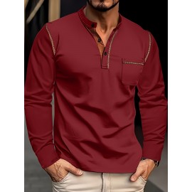 Camisetas Henley Masculinas de Verão - Camisas Clássicas de Manga Longa Leves com Botões, Decote em V e Design de Costura Contrastante no Gola para Looks Casuais