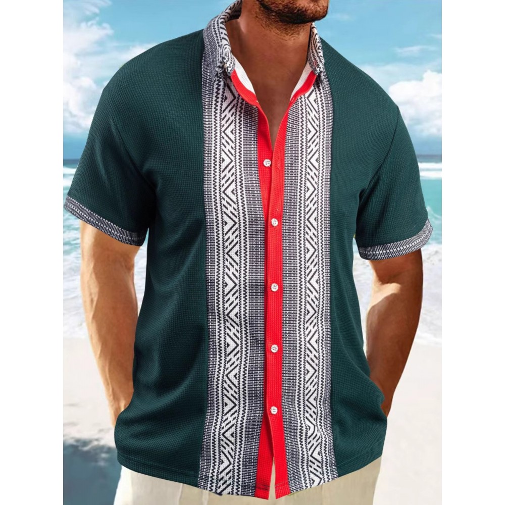 Camisetas Masculinas de Verão com Gola, Estilo Casual Indiano Bohemio, Manga Curta e Botões Frontais, Ajuste Solto com Patchwork