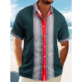 Camisetas Masculinas de Verão com Gola, Estilo Casual Indiano Bohemio, Manga Curta e Botões Frontais, Ajuste Solto com Patchwork