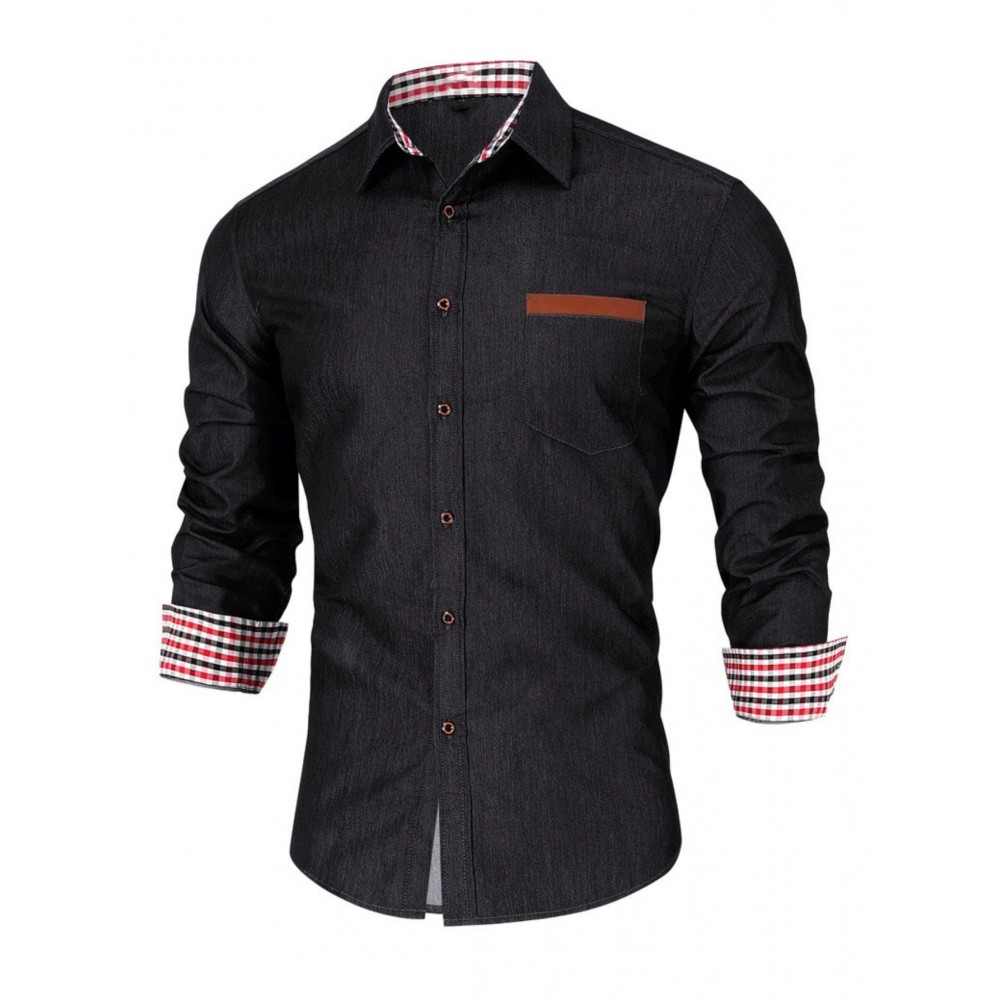 Camisa Vintage Paisley para Homem - 100% Poliéster Manga Longa com Lapela, Tecido de Malha Não Elástico, Versão Regular Lavável à Máquina, Casual Semi-Formal Primavera/Outono, Camisa de Bolso Xadrez Preto