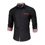 Camisa Vintage Paisley para Homem - 100% Poliéster Manga Longa com Lapela, Tecido de Malha Não Elástico, Versão Regular Lavável à Máquina, Casual Semi-Formal Primavera/Outono, Camisa de Bolso Xadrez Preto
