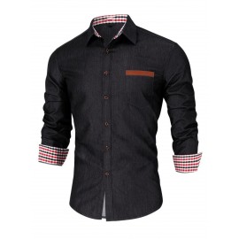 Camisa Vintage Paisley para Homem - 100% Poliéster Manga Longa com Lapela, Tecido de Malha Não Elástico, Versão Regular Lavável à Máquina, Casual Semi-Formal Primavera/Outono, Camisa de Bolso Xadrez Preto