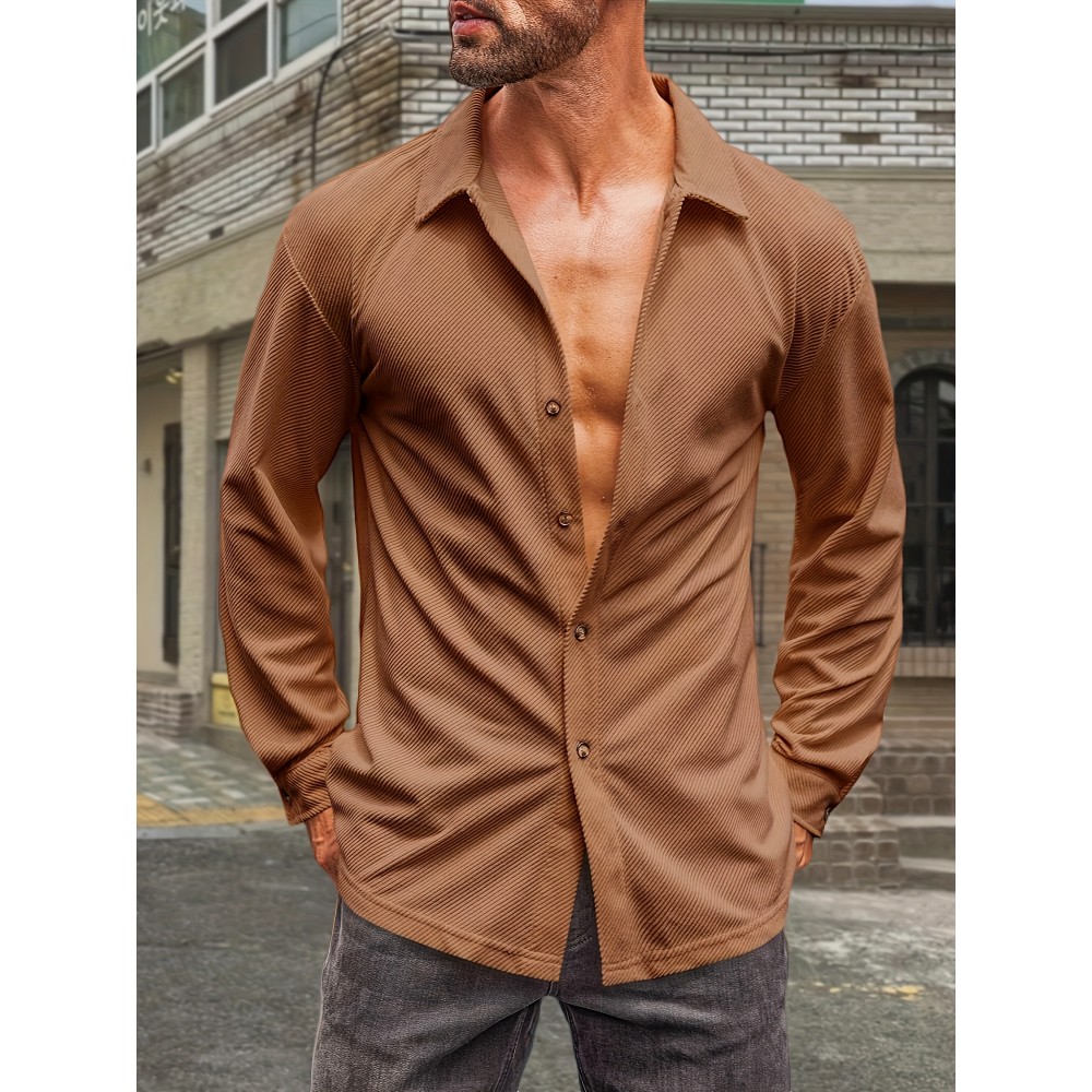 Camisa de Botão Casual Masculina em Veludo Cotelê - Jaqueta Shacket Solta com Manga Longa e Costela, Camisa 100% Poliéster Lavável à Máquina para Uso Externo na Primavera/Outono