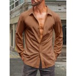 Camisa de Botão Casual Masculina em Veludo Cotelê - Jaqueta Shacket Solta com Manga Longa e Costela, Camisa 100% Poliéster Lavável à Máquina para Uso Externo na Primavera/Outono