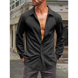 Camisa de Botão Casual Masculina em Veludo Cotelê - Jaqueta Shacket Solta com Manga Longa e Costela, Camisa 100% Poliéster Lavável à Máquina para Uso Externo na Primavera/Outono