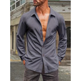 Camisa de Botão Casual Masculina em Veludo Cotelê - Jaqueta Shacket Solta com Manga Longa e Costela, Camisa 100% Poliéster Lavável à Máquina para Uso Externo na Primavera/Outono