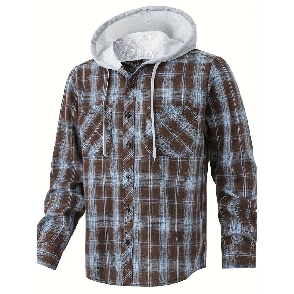Camisa de manga comprida casual versátil com capuz e cordão de moda xadrez solto com botões para homem, primavera/verão