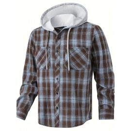 Camisa de manga comprida casual versátil com capuz e cordão de moda xadrez solto com botões para homem, primavera/verão