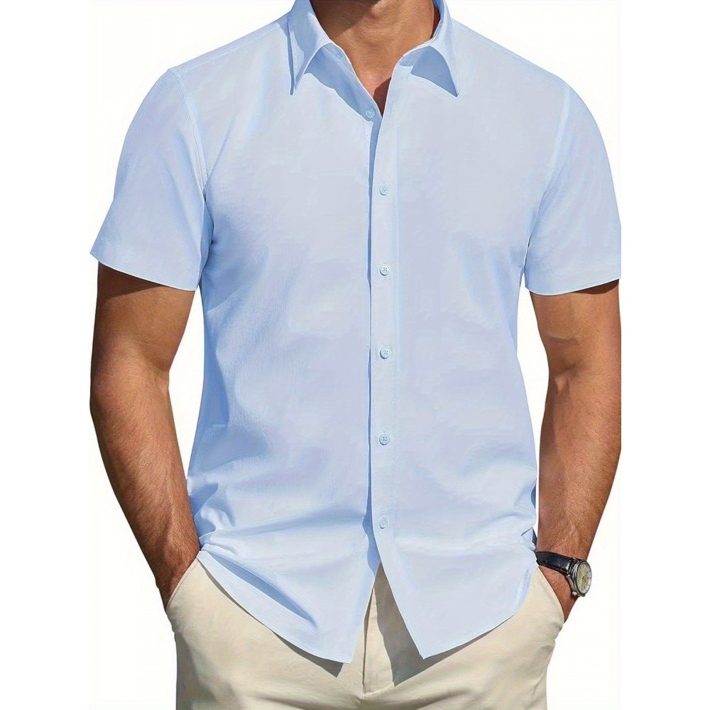 Camisa Masculina de Verão Slim Fit com Lapela e Botões - Manga Curta, Cor Sólida, Leve e Casual para Uso Semi-Formal, Fácil Cuidado (Lavagem à Mão ou Limpeza a Seco), Tecido Sofisticado, Material Respirável, Design Frontal com Botões, Roupa para Clima Que