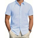 Camisa Masculina de Verão Slim Fit com Lapela e Botões - Manga Curta, Cor Sólida, Leve e Casual para Uso Semi-Formal, Fácil Cuidado (Lavagem à Mão ou Limpeza a Seco), Tecido Sofisticado, Material Respirável, Design Frontal com Botões, Roupa para Clima Que