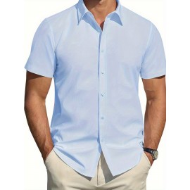 Camisa Masculina de Verão Slim Fit com Lapela e Botões - Manga Curta, Cor Sólida, Leve e Casual para Uso Semi-Formal, Fácil Cuidado (Lavagem à Mão ou Limpeza a Seco), Tecido Sofisticado, Material Respirável, Design Frontal com Botões, Roupa para Clima Que