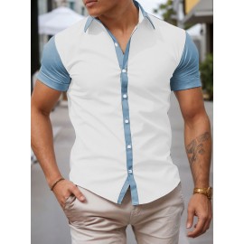Camisa Masculina Slim Fit Bohemian Listrada de Manga Curta - Tecido Elástico, Lavável na Máquina, Branca e Azul para Todas as Estações, Acessórios de Bowling, Gola Dobrável, Silhueta Elegante, Moda Casual, Material Respirável, Top Versátil, Roupa Moderna 