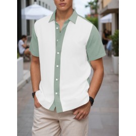 Camisa Masculina Slim Fit Bohemian Listrada de Manga Curta - Tecido Elástico, Lavável na Máquina, Branca e Azul para Todas as Estações, Acessórios de Bowling, Gola Dobrável, Silhueta Elegante, Moda Casual, Material Respirável, Top Versátil, Roupa Moderna 
