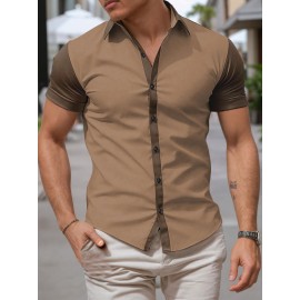 Camisa Masculina Slim Fit Bohemian Listrada de Manga Curta - Tecido Elástico, Lavável na Máquina, Branca e Azul para Todas as Estações, Acessórios de Bowling, Gola Dobrável, Silhueta Elegante, Moda Casual, Material Respirável, Top Versátil, Roupa Moderna 