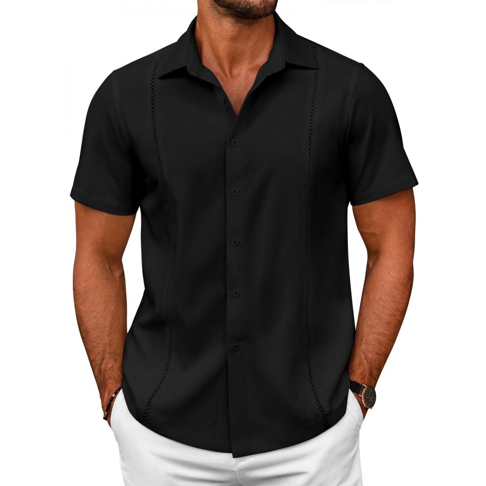 ELESOL Camisas Cubanas Guayabera Manga Curta Camisa de Botão Leve Camisas de Praia de Verão