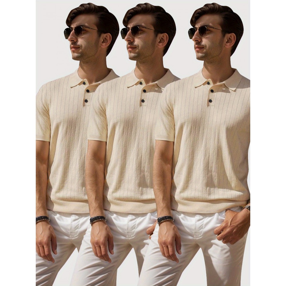 3 peças de camiseta polo de manga curta listrada para homem