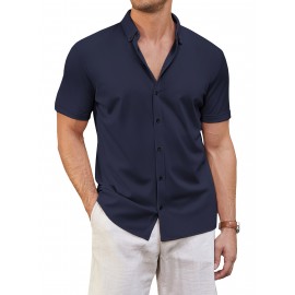 ELESOL Camisa de Algodão para Homem Verão Sem Dobrar Manga Curta Casual com Botão Camisetas Musculares