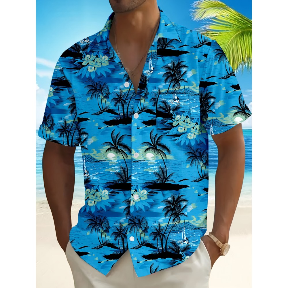 Camisa Masculina de Manga Curta KEEVOOM Havaí com Estampa de Coqueiro e Botões, Camisa Térmica para Férias na Praia, Poliéster, Leve, Casual de Verão, Corte Tipo H, Bolso, Lavagem à Mão ou Limpagem a Seco, Camisa para Homens Adultos