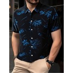 Camisa casual de manga curta com botões e bolsos para homem - Estampa de folha de carvalho de verão, azul naval, ajuste solto, poliéster leve, perfeita para atitudes casuais, camisas para o verão